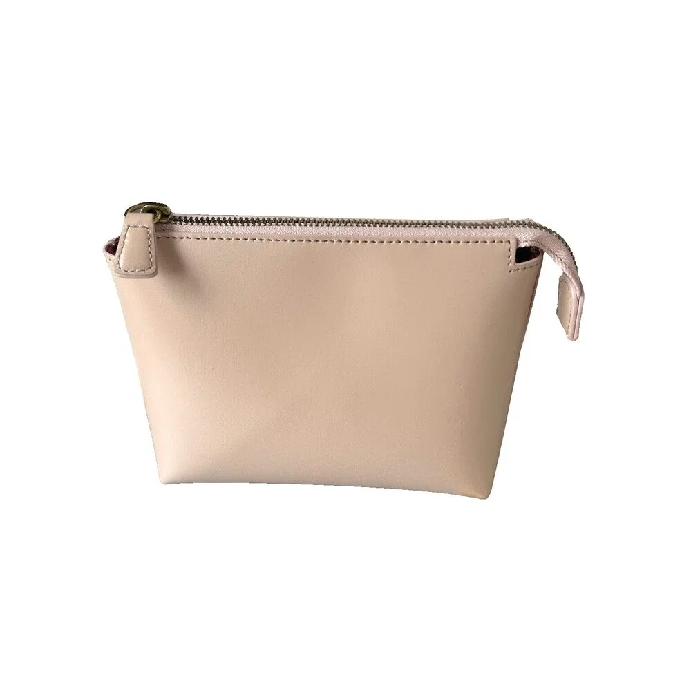 Staud Blush Leather Zipper Pouch Cosmetic Toiletry Bag Travel Wine Suede Lining